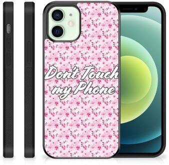 B2Ctelecom Hoesje met Tekst iPhone 12 Mini Back Cover Siliconen Hoesje met Zwarte rand Flowers Pink Don't Touch My Phone