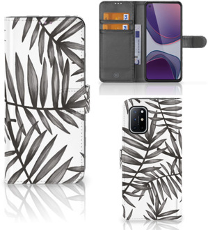 B2Ctelecom Hoesje met Tekst OnePlus 8T Wallet Book Case Leaves Grey