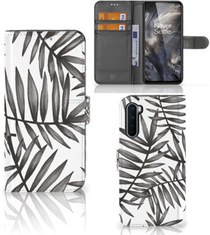 B2Ctelecom Hoesje met Tekst OnePlus Nord Wallet Book Case Leaves Grey