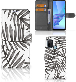 B2Ctelecom Hoesje met Tekst OPPO A53 | OPPO A53s Wallet Book Case Leaves Grey