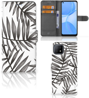 B2Ctelecom Hoesje met Tekst OPPO A73 5G Wallet Book Case Leaves Grey