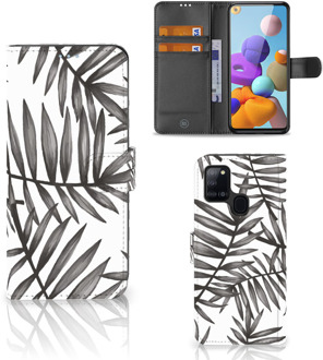 B2Ctelecom Hoesje met Tekst Samsung Galaxy A21s Wallet Book Case Leaves Grey