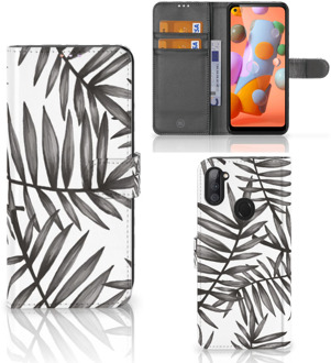 B2Ctelecom Hoesje met Tekst Samsung Galaxy M11 | A11 Wallet Book Case Leaves Grey