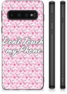 B2Ctelecom Hoesje met Tekst Samsung Galaxy S10 Back Cover Siliconen Hoesje met Zwarte rand Flowers Pink Don't Touch My Phone