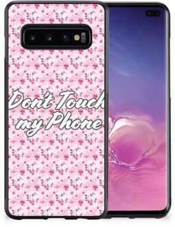 B2Ctelecom Hoesje met Tekst Samsung Galaxy S10+ Back Cover Siliconen Hoesje met Zwarte rand Flowers Pink Don't Touch My Phone