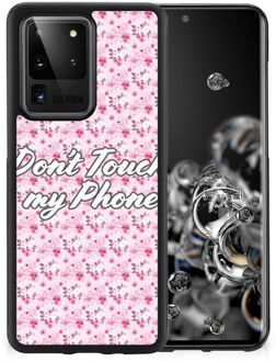 B2Ctelecom Hoesje met Tekst Samsung Galaxy S20 Ultra Back Cover Siliconen Hoesje met Zwarte rand Flowers Pink Don't Touch My Phone