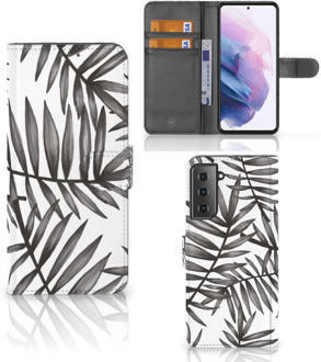 B2Ctelecom Hoesje met Tekst Samsung Galaxy S21 Plus Wallet Book Case Leaves Grey