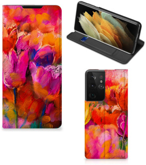 B2Ctelecom Hoesje met Tekst Samsung Galaxy S21 Ultra Smart Cover Tulips