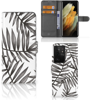 B2Ctelecom Hoesje met Tekst Samsung Galaxy S21 Ultra Wallet Book Case Leaves Grey