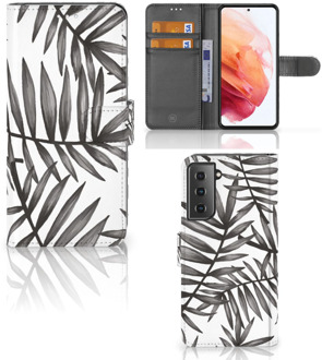 B2Ctelecom Hoesje met Tekst Samsung Galaxy S21 Wallet Book Case Leaves Grey