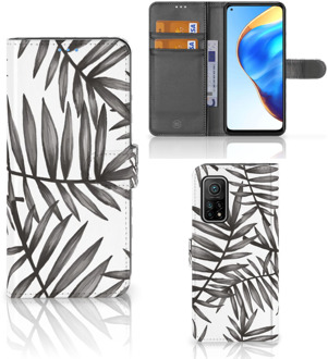 B2Ctelecom Hoesje met Tekst Xiaomi Mi 10T Pro | Mi 10T Wallet Book Case Leaves Grey