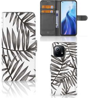 B2Ctelecom Hoesje met Tekst Xiaomi Mi 11 Wallet Book Case Leaves Grey