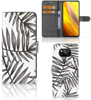 B2Ctelecom Hoesje met Tekst Xiaomi Poco X3 Wallet Book Case Leaves Grey