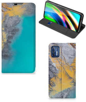 B2Ctelecom Hoesje Motorola Moto G9 Plus Flip Case Marble Blue Gold