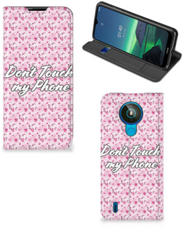 B2Ctelecom Hoesje Nokia 1.4 Bookcase Flowers Pink Don't Touch My Phone