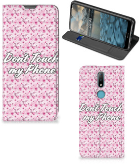 B2Ctelecom Hoesje Nokia 2.4 Bookcase Flowers Pink Don't Touch My Phone