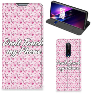 B2Ctelecom Hoesje OnePlus 8 Bookcase Flowers Pink Don't Touch My Phone