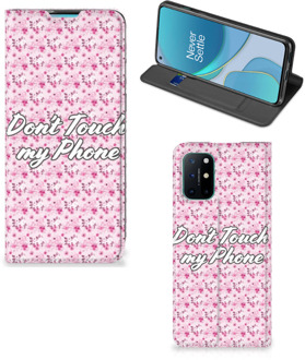 B2Ctelecom Hoesje OnePlus 8T Bookcase Flowers Pink Don't Touch My Phone