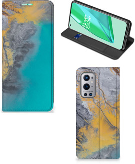 B2Ctelecom Hoesje OnePlus 9 Pro Flip Case Marble Blue Gold