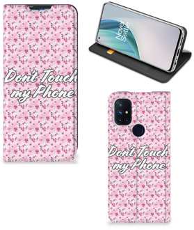 B2Ctelecom Hoesje OnePlus Nord N10 5G Bookcase Flowers Pink Don't Touch My Phone