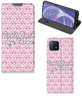 B2Ctelecom Hoesje OPPO A73 5G Bookcase Flowers Pink Don't Touch My Phone