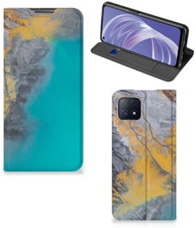 B2Ctelecom Hoesje OPPO A73 5G Flip Case Marble Blue Gold