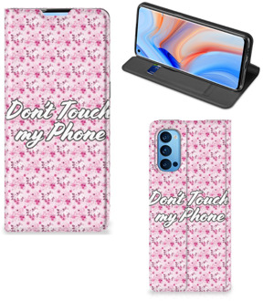 B2Ctelecom Hoesje OPPO Reno4 Pro 5G Bookcase Flowers Pink Don't Touch My Phone