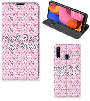 B2Ctelecom Hoesje Samsung Galaxy A20s Bookcase Flowers Pink Don't Touch My Phone