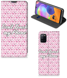 B2Ctelecom Hoesje Samsung Galaxy A31 Bookcase Flowers Pink Don't Touch My Phone