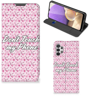 B2Ctelecom Hoesje Samsung Galaxy A32 5G Bookcase Flowers Pink Don't Touch My Phone