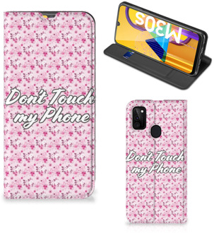 B2Ctelecom Hoesje Samsung Galaxy M21 Bookcase Flowers Pink Don't Touch My Phone