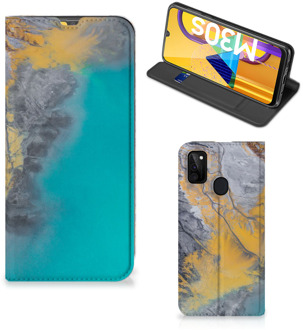 B2Ctelecom Hoesje Samsung Galaxy M21 Flip Case Marble Blue Gold