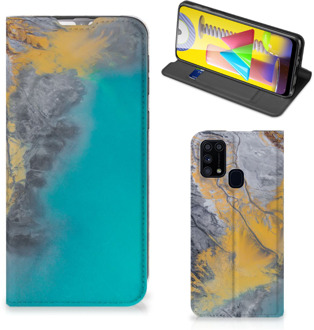 B2Ctelecom Hoesje Samsung Galaxy M31 Flip Case Marble Blue Gold