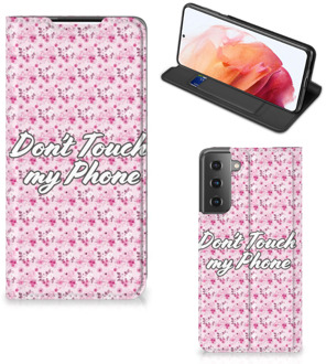 B2Ctelecom Hoesje Samsung Galaxy S21 Bookcase Flowers Pink Don't Touch My Phone