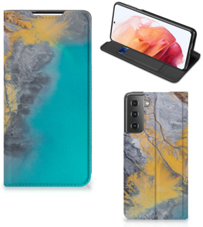 B2Ctelecom Hoesje Samsung Galaxy S21 Flip Case Marble Blue Gold