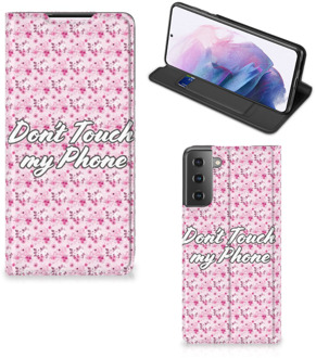 B2Ctelecom Hoesje Samsung Galaxy S21 Plus Bookcase Flowers Pink Don't Touch My Phone