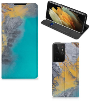 B2Ctelecom Hoesje Samsung Galaxy S21 Ultra Flip Case Marble Blue Gold