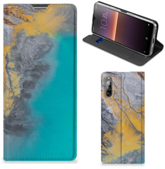 B2Ctelecom Hoesje Sony Xperia L4 Flip Case Marble Blue Gold