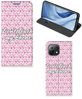 B2Ctelecom Hoesje Xiaomi Mi 11 Lite Bookcase Flowers Pink Don't Touch My Phone