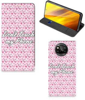 B2Ctelecom Hoesje Xiaomi Poco X3 Bookcase Flowers Pink Don't Touch My Phone