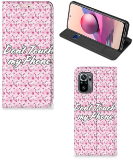 B2Ctelecom Hoesje Xiaomi Redmi Note 10 4G | 10S Bookcase Flowers Pink Don't Touch My Phone