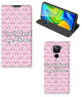 B2Ctelecom Hoesje Xiaomi Redmi Note 9 Bookcase Flowers Pink Don't Touch My Phone