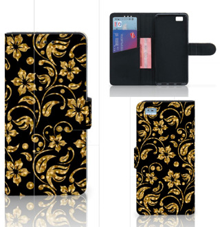 B2Ctelecom Huawei Ascend P8 Lite Bookcase Hoesje Design Gouden Bloemen