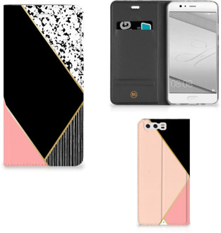 B2Ctelecom Huawei P10 Plus Uniek Standcase Hoesje Black Pink Shapes