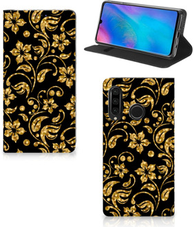 B2Ctelecom Huawei P30 Lite Standcase Hoesje Design Gouden Bloemen