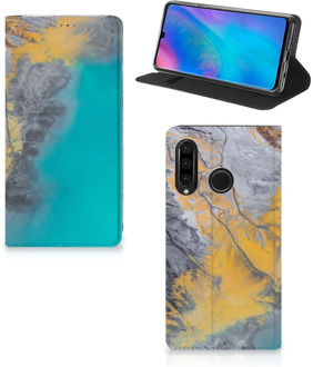 B2Ctelecom Huawei P30 Lite Standcase Hoesje Design Marble Blue Gold