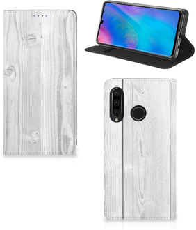 B2Ctelecom Huawei P30 Lite Standcase Hoesje Design White Wood