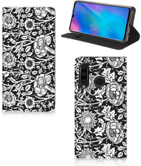 B2Ctelecom Huawei P30 Lite Uniek Standcase Hoesje Black Flowers