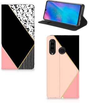 B2Ctelecom Huawei P30 Lite Uniek Standcase Hoesje Black Pink Shapes