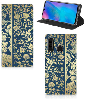 B2Ctelecom Huawei P30 Lite Uniek Standcase Hoesje Golden Flowers